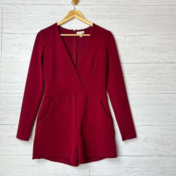 Silence + Noise Romper Womens Size Medium Cranberry Burgundy Long Sleeve Pockets - Picture 4 of 16